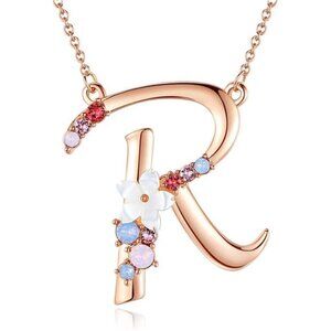 Flower Initial Necklace Personalized Name Jewelry Pearl Pendant Crystal Gifts